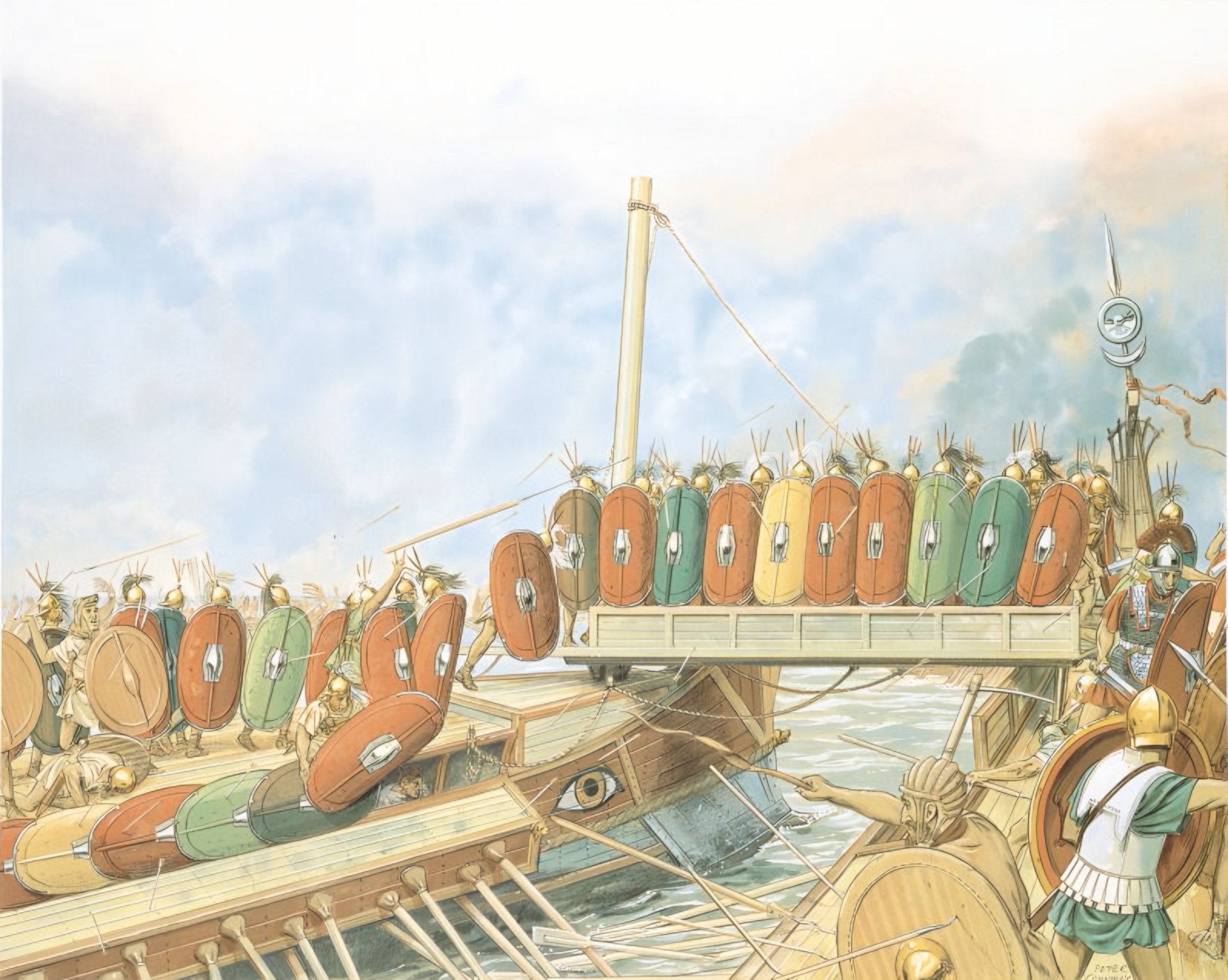 Roman soldiers advance in disciplined rank across a corvus, a rotatable and descending bridge that locked onto an enemy ship. Its spike is seen at the right.