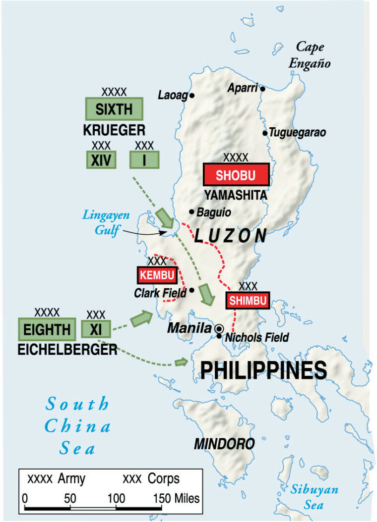 American forces landing at Lingayen Gulf and on the western coast of Luzon confronted battle-hardened Japanese troops under General Tomoyuki Yamashita in the mountains outside Manila.