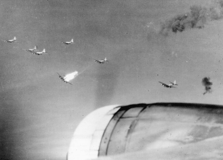 An 8th Air Force B-17 bursts into flames following a direct hit by German flak. German antiaircraft fire took a heavy toll on raiding Allied aircraft. 