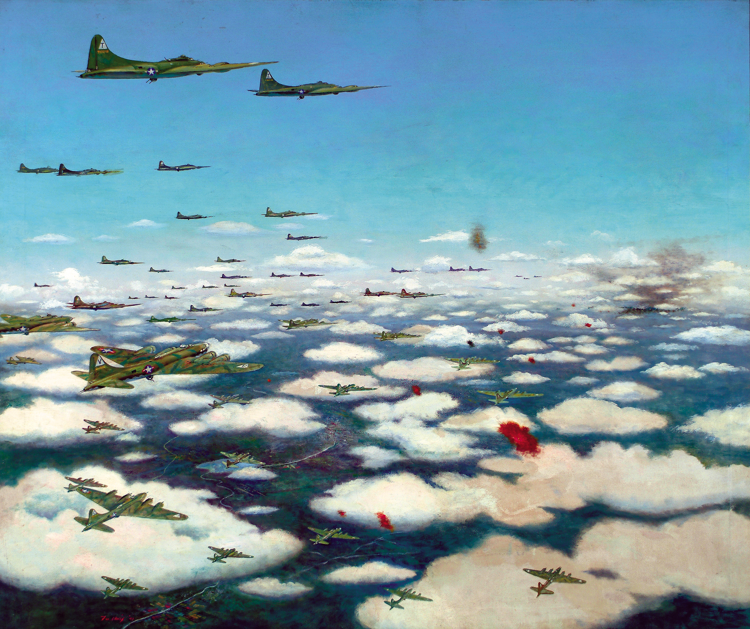 Filling the skies over Germany, U.S. B-17 bombers encounter deadly flak in this WWII period painting by Floyd Davis.