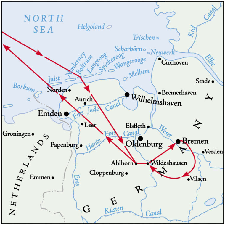 The route taken by the American bomber groups that hit Bremen on April 17, 1943, took planes over areas of heavy enemy antiaircraft and fighter concentrations. Of the 107 planes sent to the target area, 16 were lost to enemy fire.