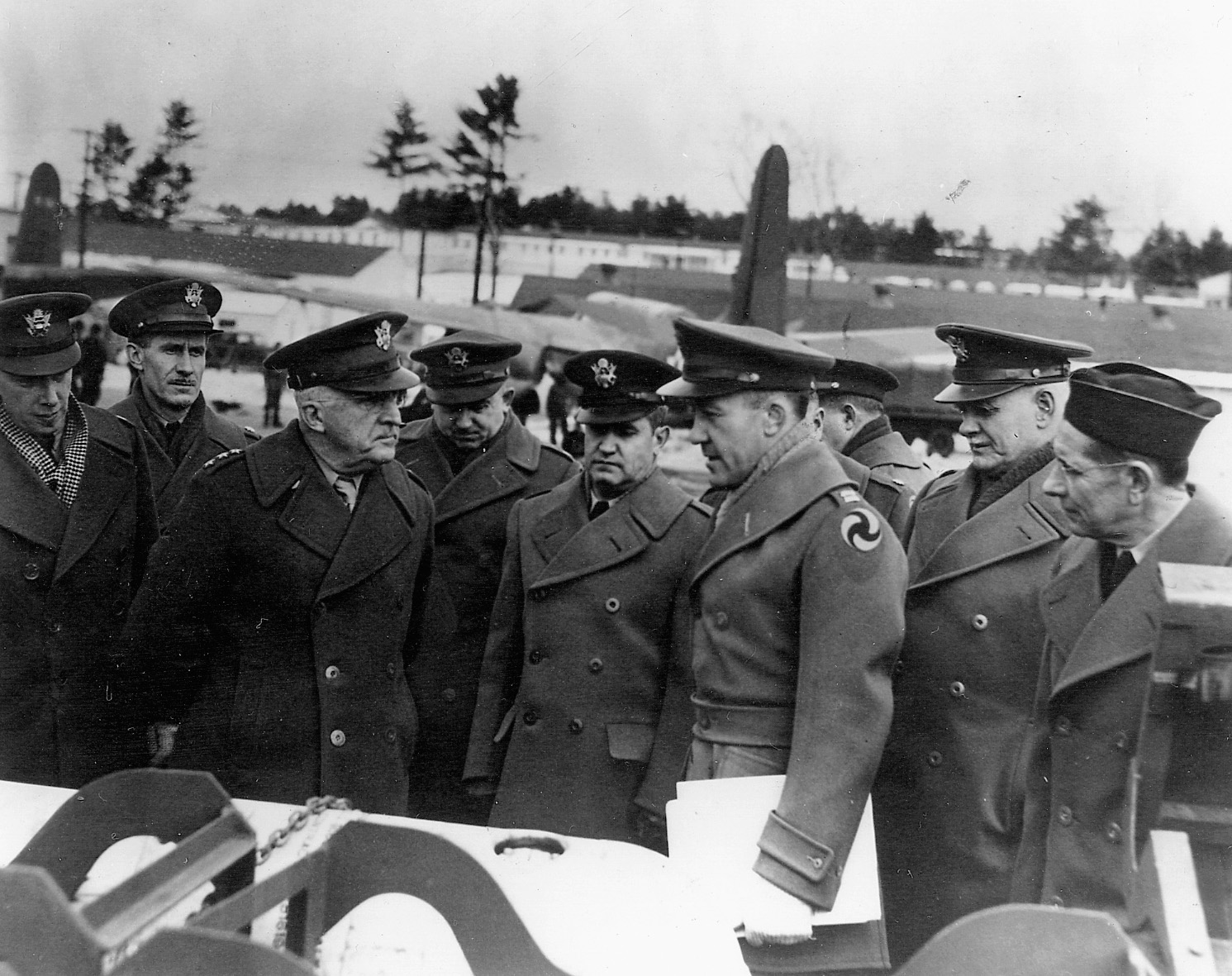 Lt. Gen. Hugh Drum is seen meeting with other senior military personnel at Grenier Field, New Hampshire.
