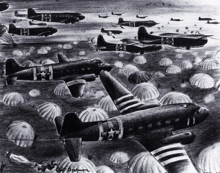 In an artist’s rendering, U.S. paratroopers lead the D-day invasion of June 6, 1944. German double agents working for the Allies passed misleading information to the German high command, leading Hitler to believe the Normandy landings were a feint, with the main assault to follow.