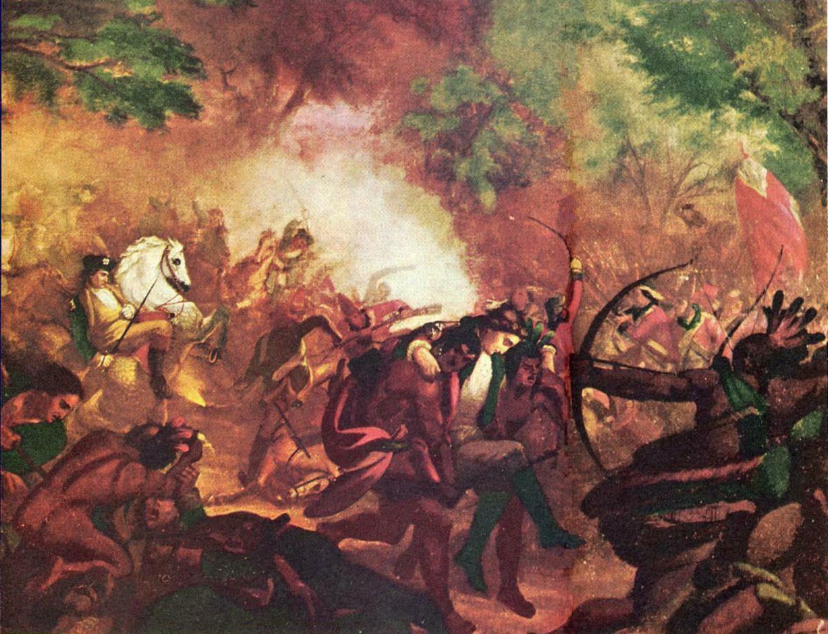 Benedict Arnold on a white charger leads Americans in the fierce fighting near Saratoga.  British General Fraser is being carried from the field.