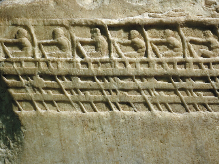 An ancient marble relief from the 5th century bc depicts oarsmen rowing a Trireme, such as those used to assault Tyre.