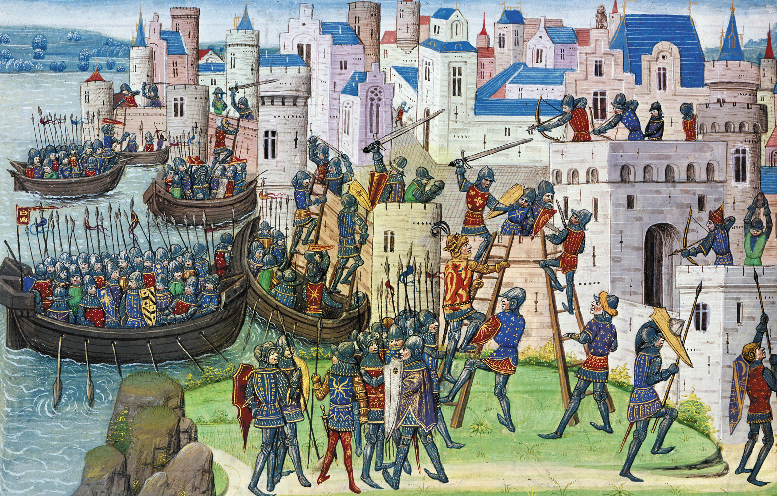 The Macedonian fleet ferries soldiers to the foot of the Tyrian battlements during the battle’s climax in this 15th century painting .