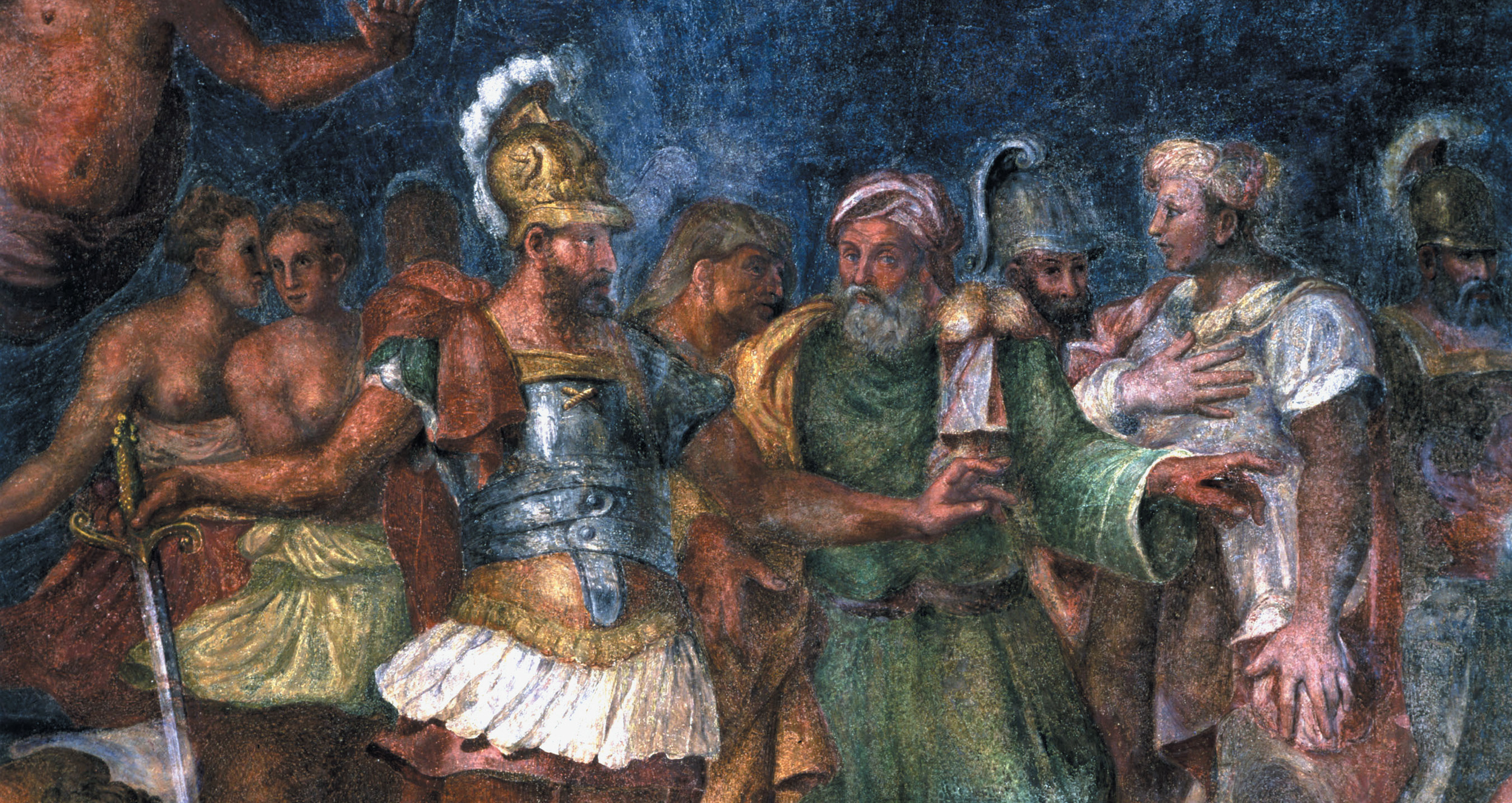 Meeting with leaders of Tyre, Alexander the Great hoped to capture the city without the use of force. Alexander is shown in this detail of a 17th century fresco depicting his life.