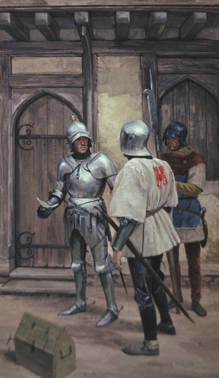 A knight in typical English armor (left), a billman in padded jack and livery (right), and a soldier in armor and livery coat. Painting by Graham Turner.