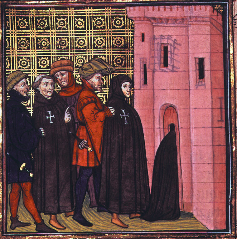 Knights Templars are led into prison in this contemporary illustration of the persecution instigated by King Philip IV of France in the early 14th century.