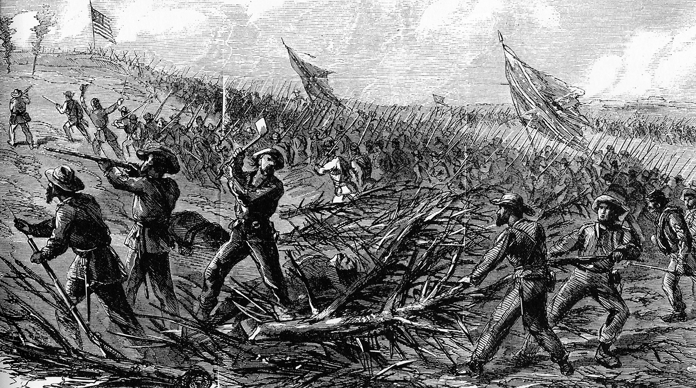 Confederate axemen chop through the barricades surrounding Ft. Stedmen as troops pour through the gaps of the now-breached defenses.