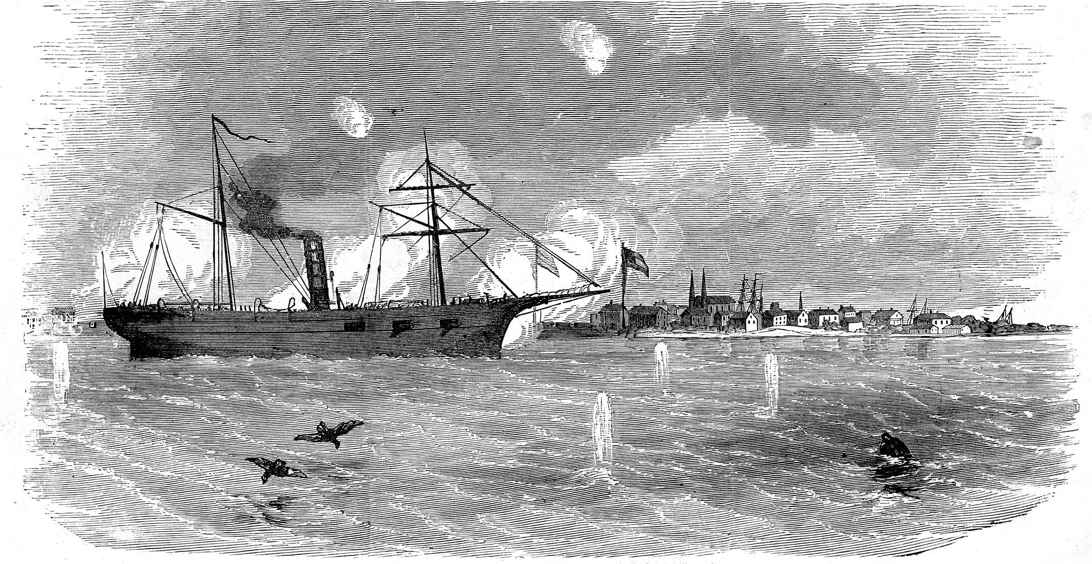 The USS South Carolina shells Galveston’s shore batteries prior to the Union capture of the key coastal city.