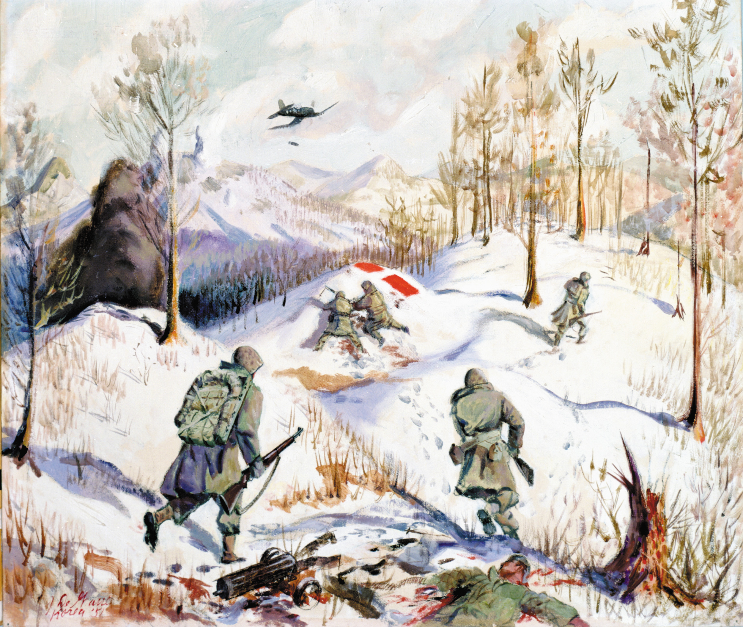 American Marines come under fire in “Korean Winter” by Marine Corps combat artist John DeGrasse. 