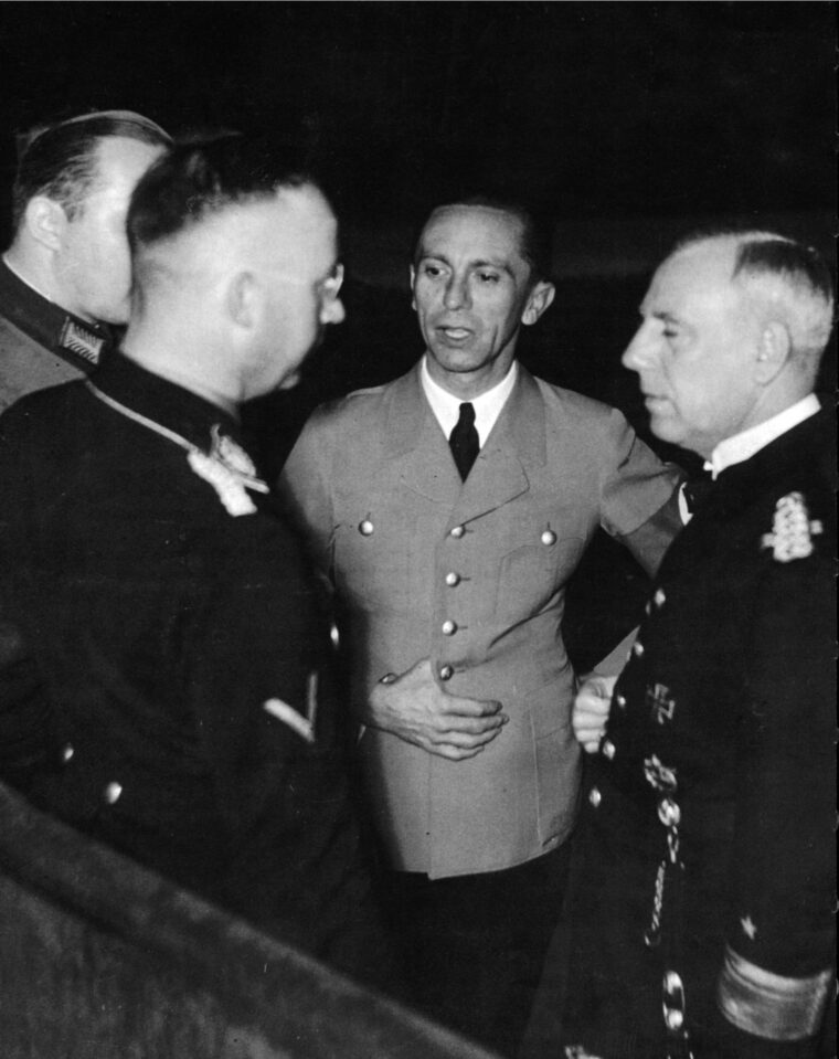 Admiral Canaris (right) confers with Joseph Göbbels (center) and SS chief Heinrich Himmler (left). 