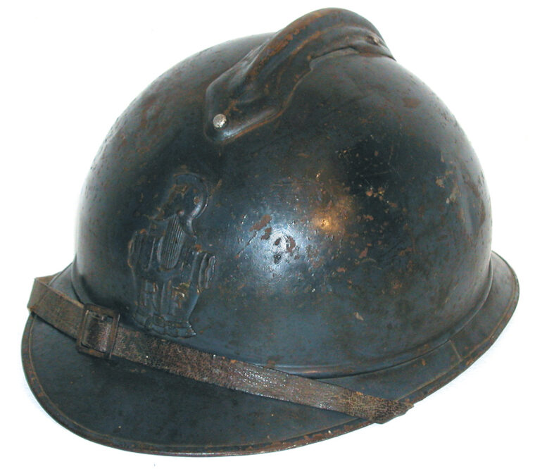 A French Model 1915 “Adrian” with engineer badge and late-war dark blue paint.