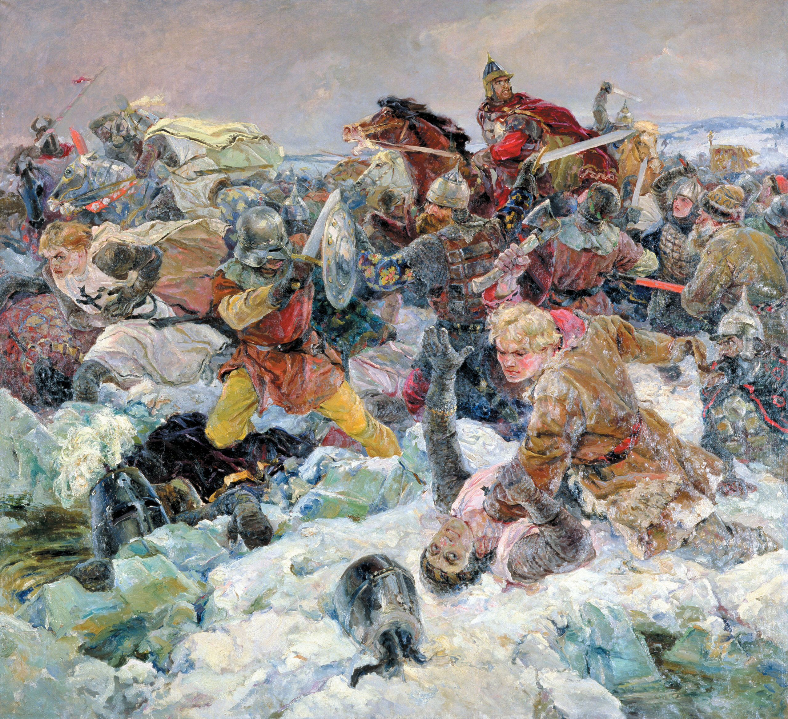 A motley crew of Russian soldiers, comprised of both elite and lower class militia men from Novgorod, springs a trap on the over-confident knights of the Teutonic Order on the slippery ice of Lake Peipus.