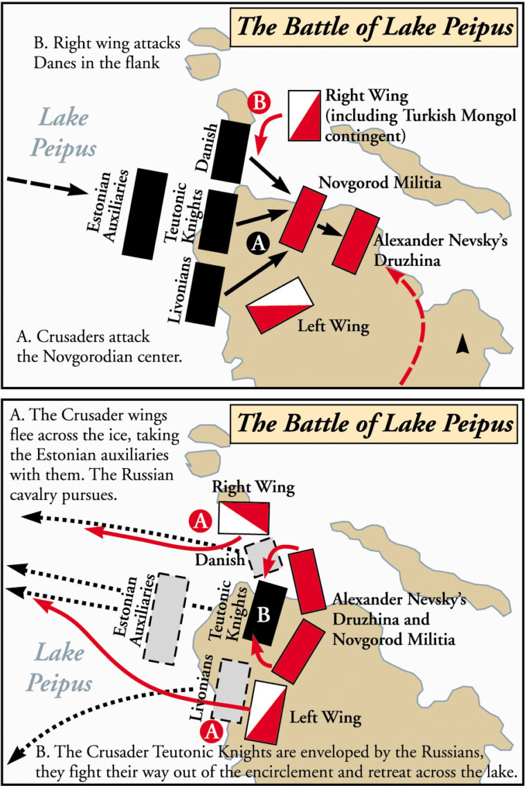 With a good eye for terrain, Nevsky took up a strong defensive position on the shore of Lake Peipus and waited for the knights to venture out onto the ice.