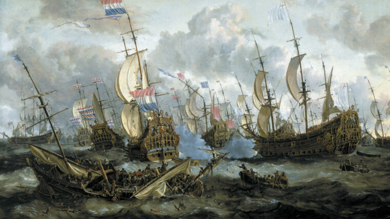 English and Dutch warships unleash thunderous broadsides against each other in the heavy seas of the English Channel, in this painting by Dutch artist Abraham Storck.