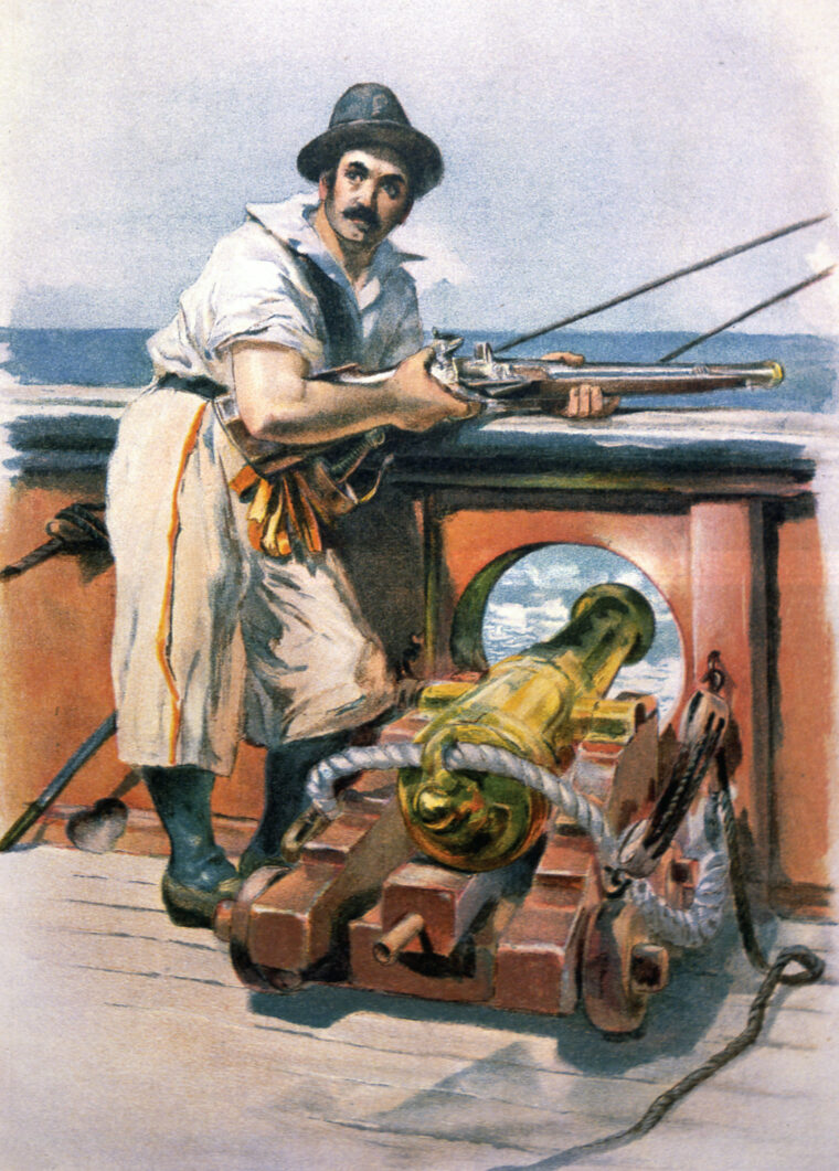 A seagoing sharpshooter stands ready to augment the six-pounder cannon lashed to the firing port at his feet.
