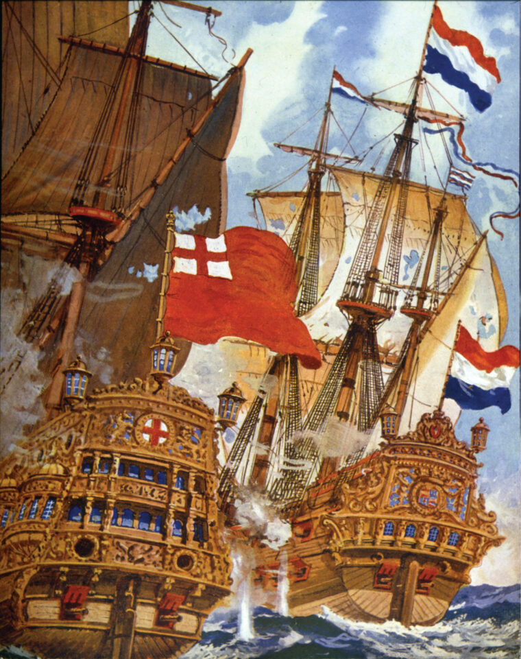 An English warship flying a blood-red cross on a white field grapples alongside a Dutch ship sporting the national tri-color. Boarders leapt back and forth across the white-capped seas.