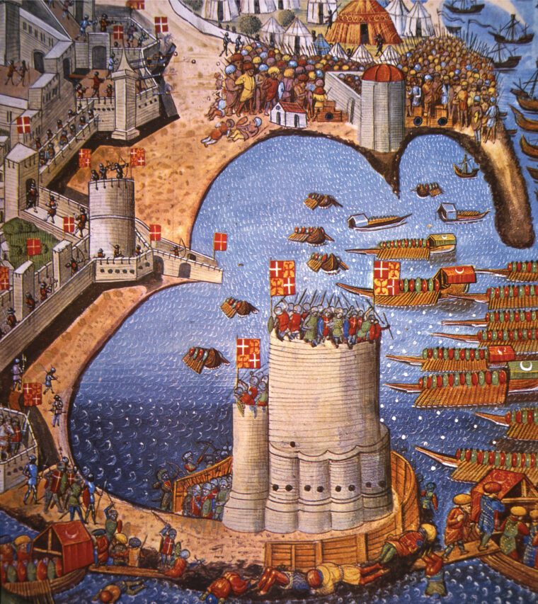 In this late 15th-century French manuscript illumination, invading Ottoman ships fill the harbor at Rhodes as the defiant Knights Hospitallers man the ramparts in defense.