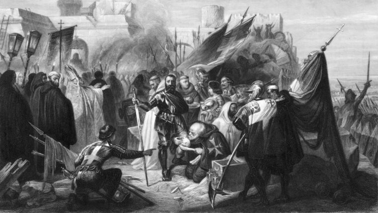 Wounded but triumphant, Grand Master Pierre D’Aubusson receives homage from his worshipful Knights Hospitallers after beating back the Turkish siege of Rhodes.