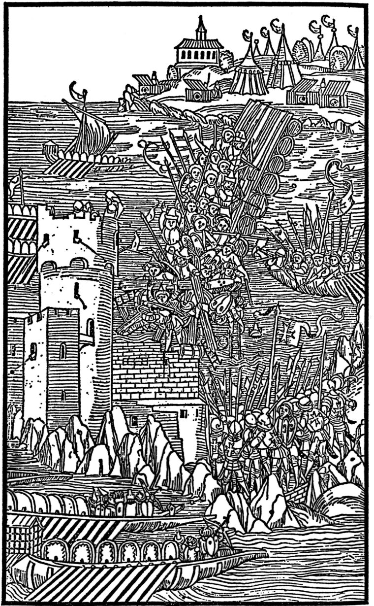 This crowded woodcut catches something of the confused and desperate fighting beneath the Order’s defensive towers.