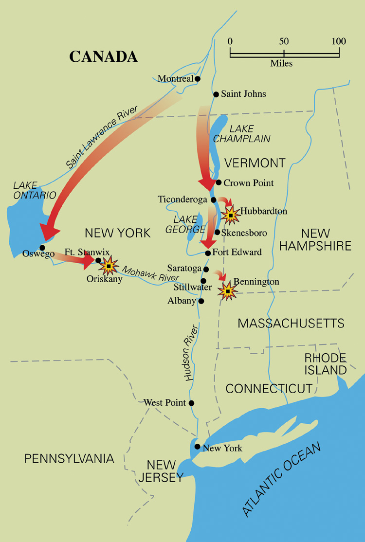 Burgoyne's plan to split the colonies had his main army marching south from Montreal to Albany where he would meet General Howe. The plan included a diversionary attack on Ft. Stanwix to the west. 