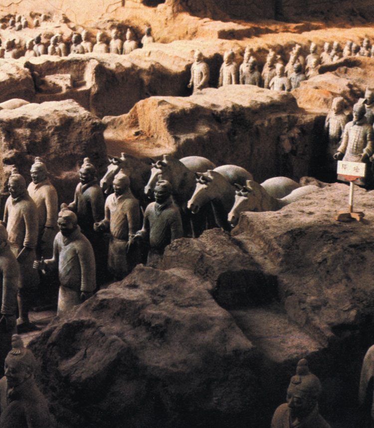 Thousands of terra-cotta soldiers, the result of 36 years of toil, guard Huang-ti’s mausoleum.