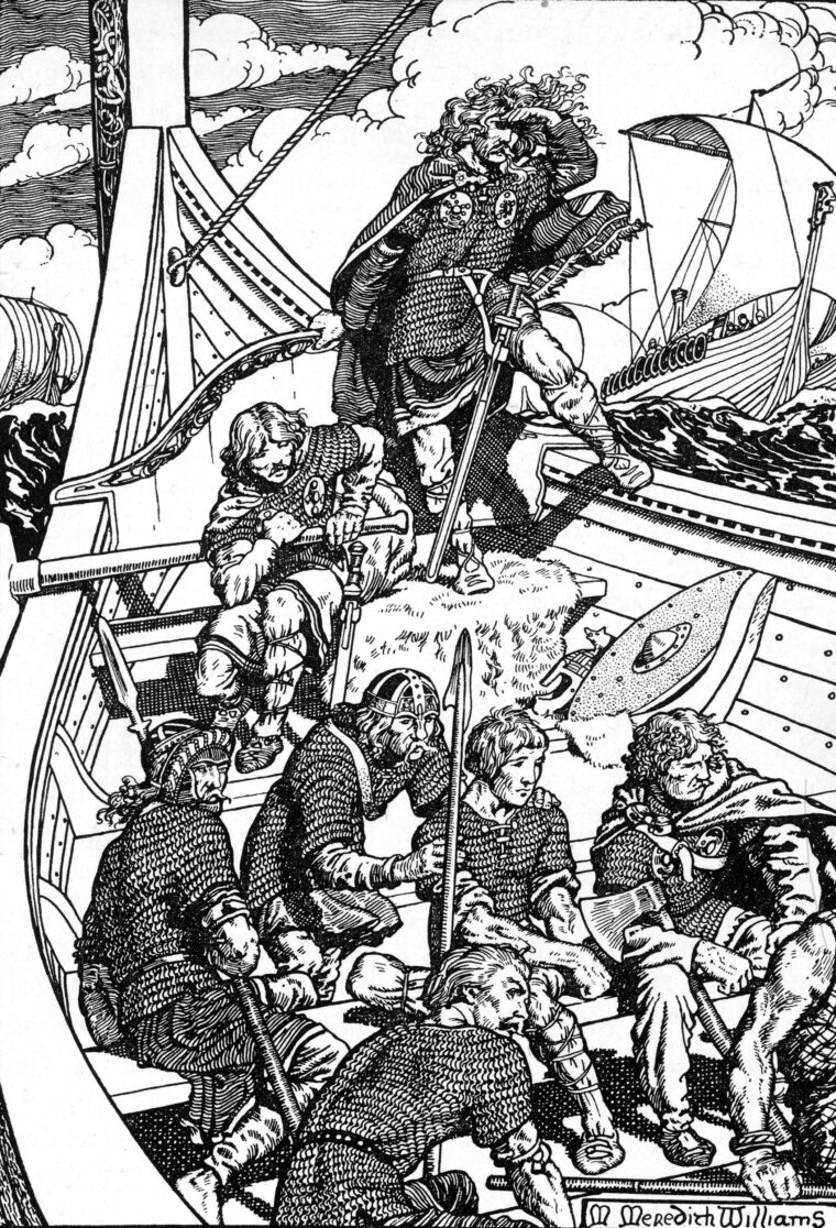 Harald “Fairhair” sets sail in this 1913 illustration by Morris Meredith.