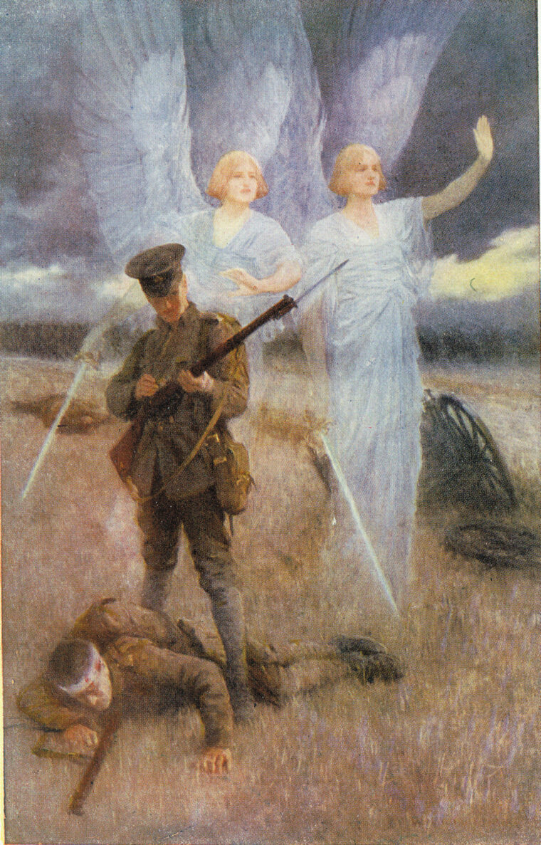 As a soldier reloads his weapon over a wounded comrade, the Angels of Mons shield him from harm.