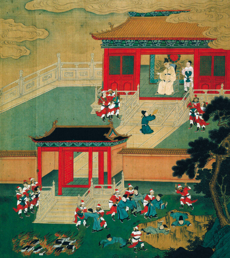 In this Qing-dynasty depiction, Confucian scholars are  executed under the rule of China’s first emperor: Qin Shih Huang-ti.