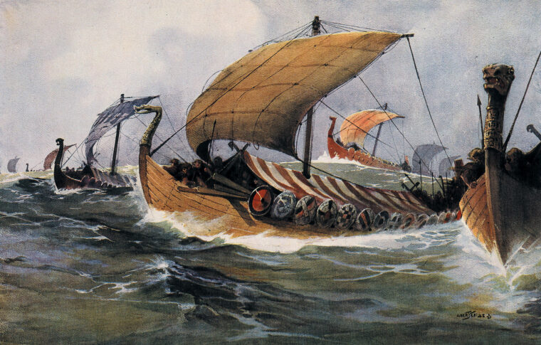 Viking longboats cut through the sea while on expedition. King Harald’s nickname was “Hardradi,” meaning “the ruthless;” something his enemies could surely attest to.