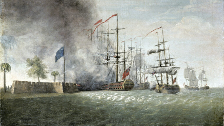 Sir Peter Parker’s nine-warship fleet unleashes a devastating barrage of fire on Ft. Sullivan from Charleston Harbor.