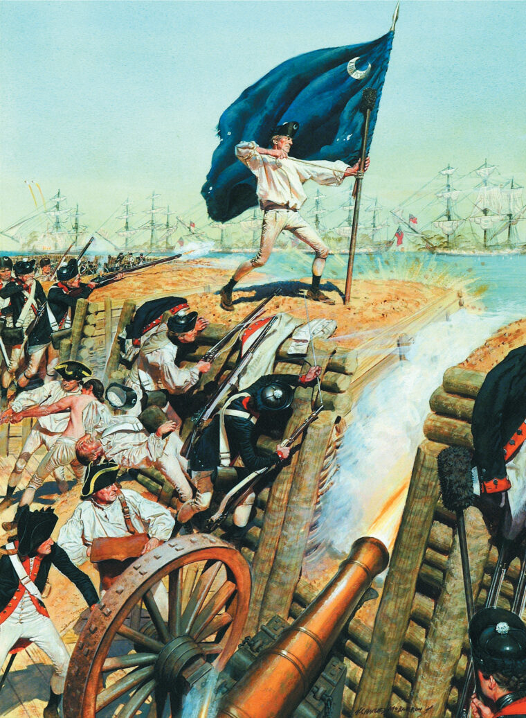Defiant Sergeant William Jasper lashes the South Carolina state flag to an artillery sponge in this painting by H. Charles McBarron.