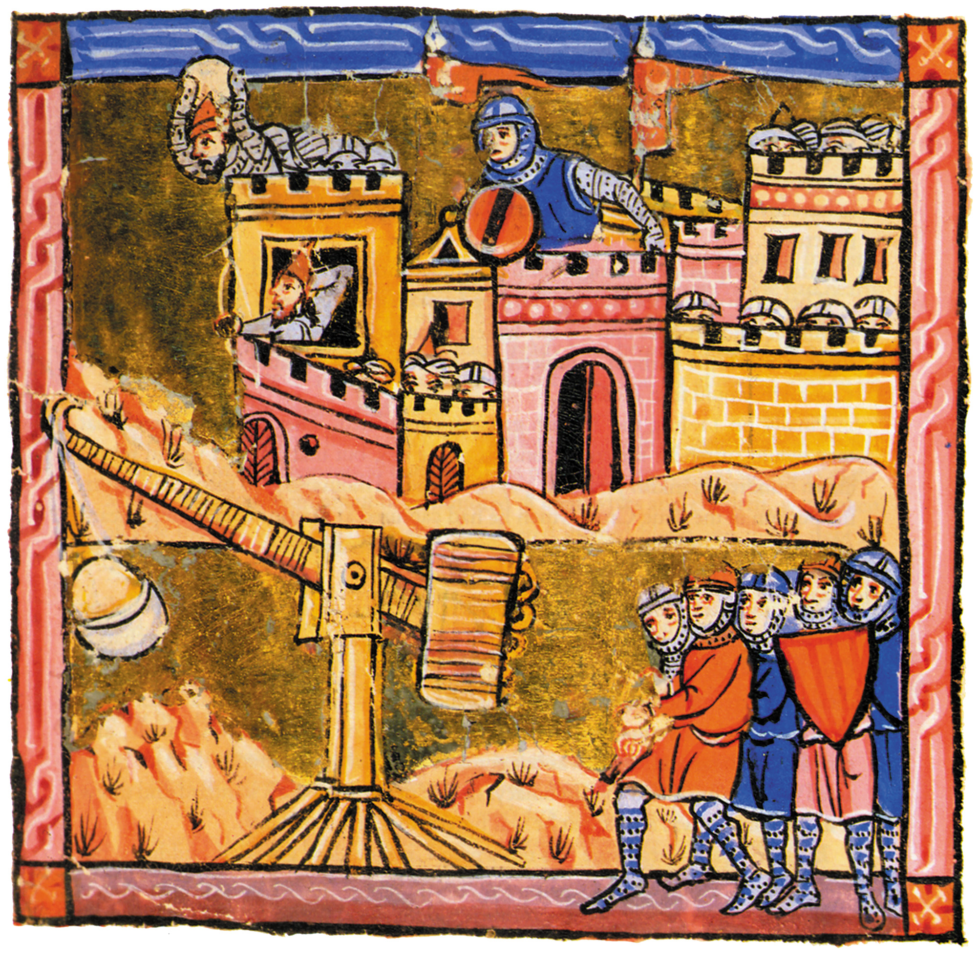 In this 13th century illustration, a trebuchet assaults the fortress at Acre during the Third Crusade.