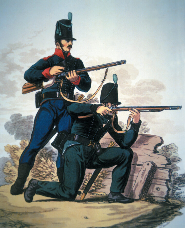 In this early 1800’s print, British riflemen of the 60th and 95th
Regiments of Foot take aim with their Baker Rifles.