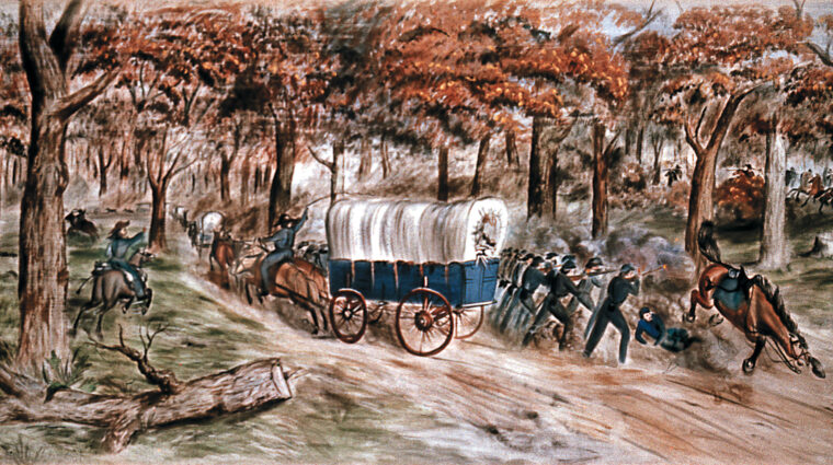 Federals shoot at Rebel cavalrymen attempting to overwhelm a supply train. The deeper Union armies penetrated into the Southern heartland, the longer and more vulnerable their supply lines. Confederates went after them with gusto and not just to hurt Northern armies; they could luxuriate for a time on the food, clothing, and ammunition they captured.