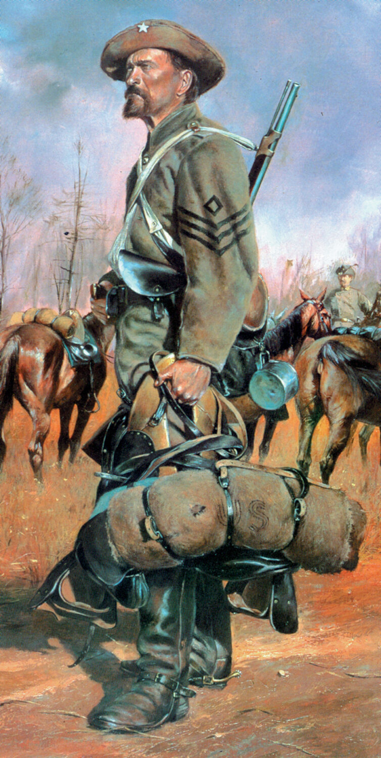A first sergeant under Forrest carries Confederate cavalry equipment.