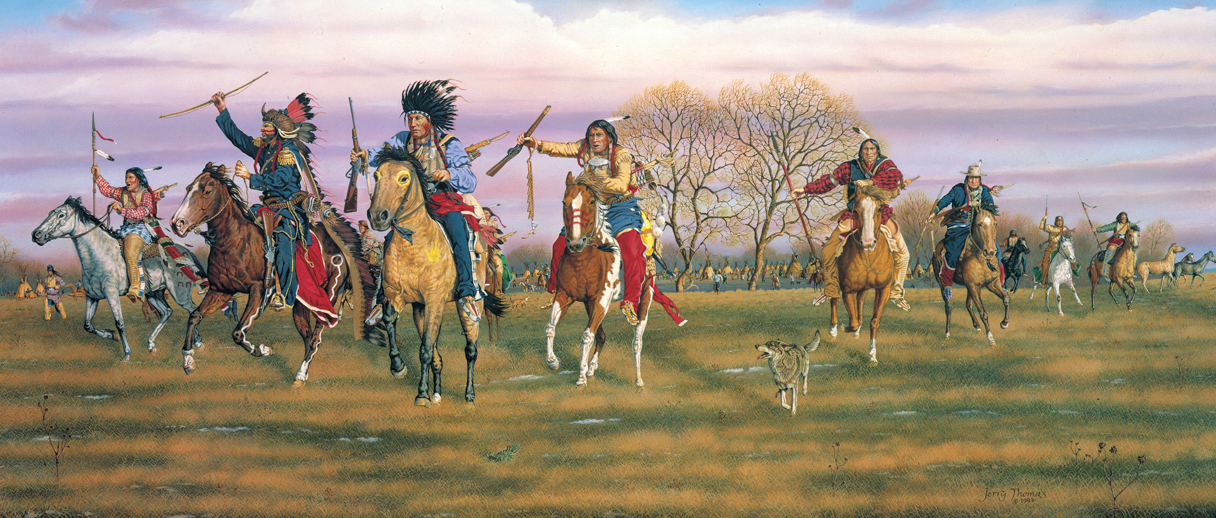 Jerry Thomas’ “Bold and Fearless” depicts Cheyenne and Sioux riding out to defend their village on April 14, 1867. From left to right they are Roman Nose, Tall Bull, White Horse, Little Robe and, on the right in white hat, Pawnee Killer. 