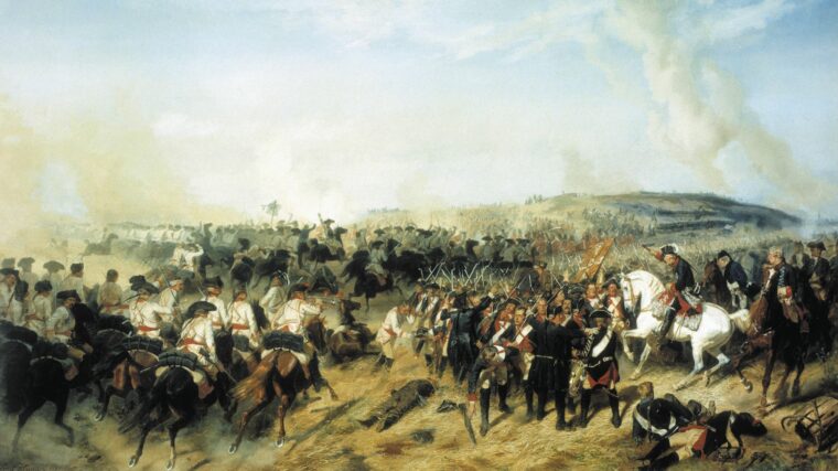With Frederick exhorting his troops from atop his famous white charger, the Prussian cavalry charges into the exhausted Russian line at Zorndorf.