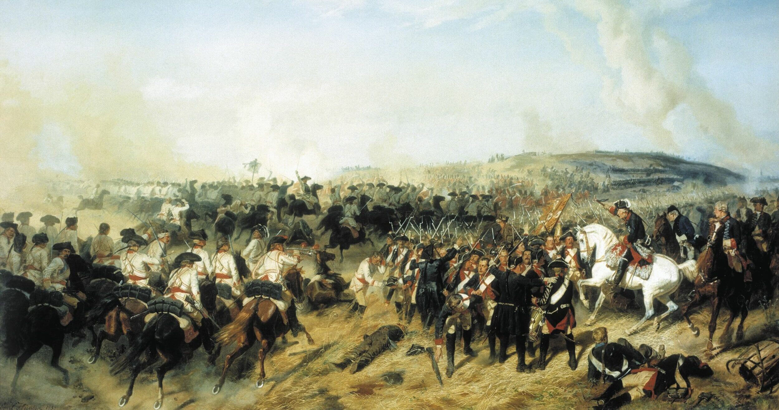 With Frederick exhorting his troops from atop his famous white charger, the Prussian cavalry charges into the exhausted Russian line at Zorndorf.