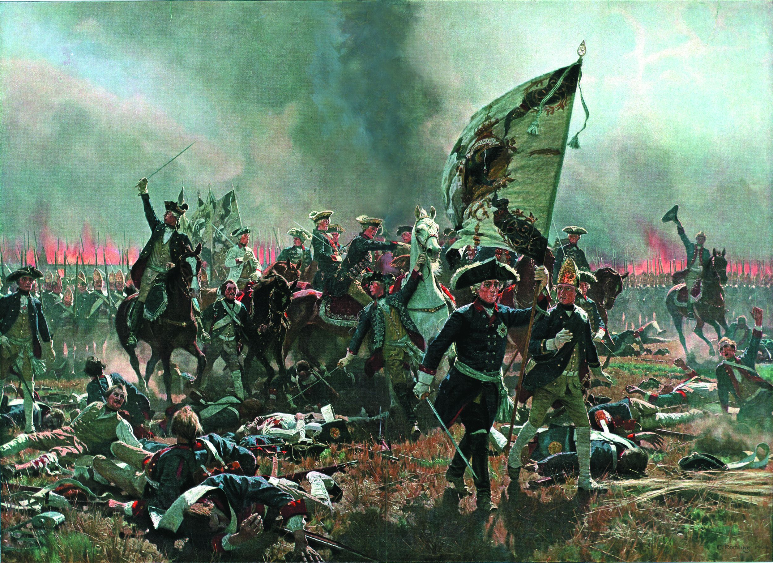 Clutching the colors of the 46th Infantry Regiment, Frederick rallies his men to a last-ditch stand on the Prussian left. Seydlitz’s cavalry would save the day.