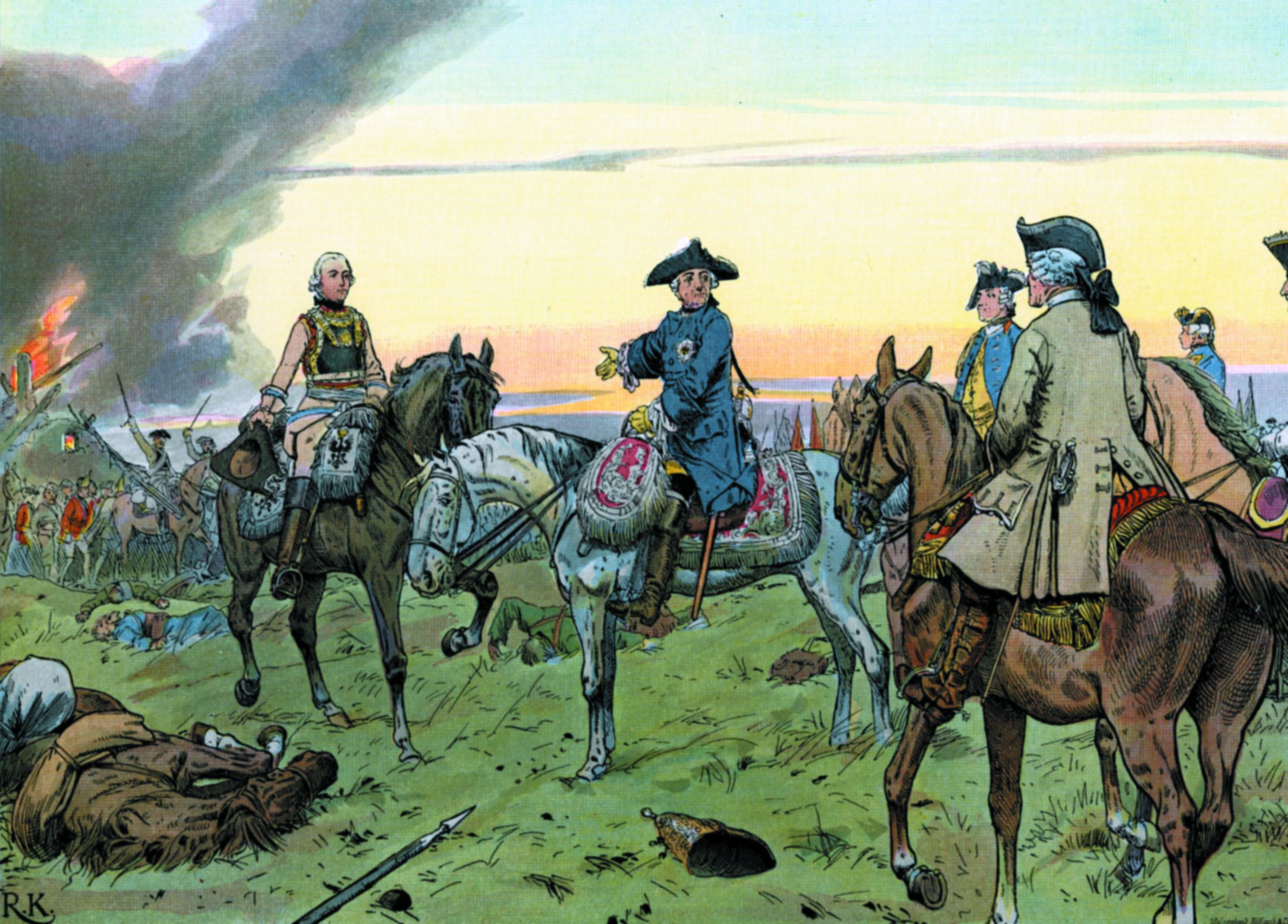 Seydlitz (left), greets Frederick after his successful cavalry attack at Zorndorf.