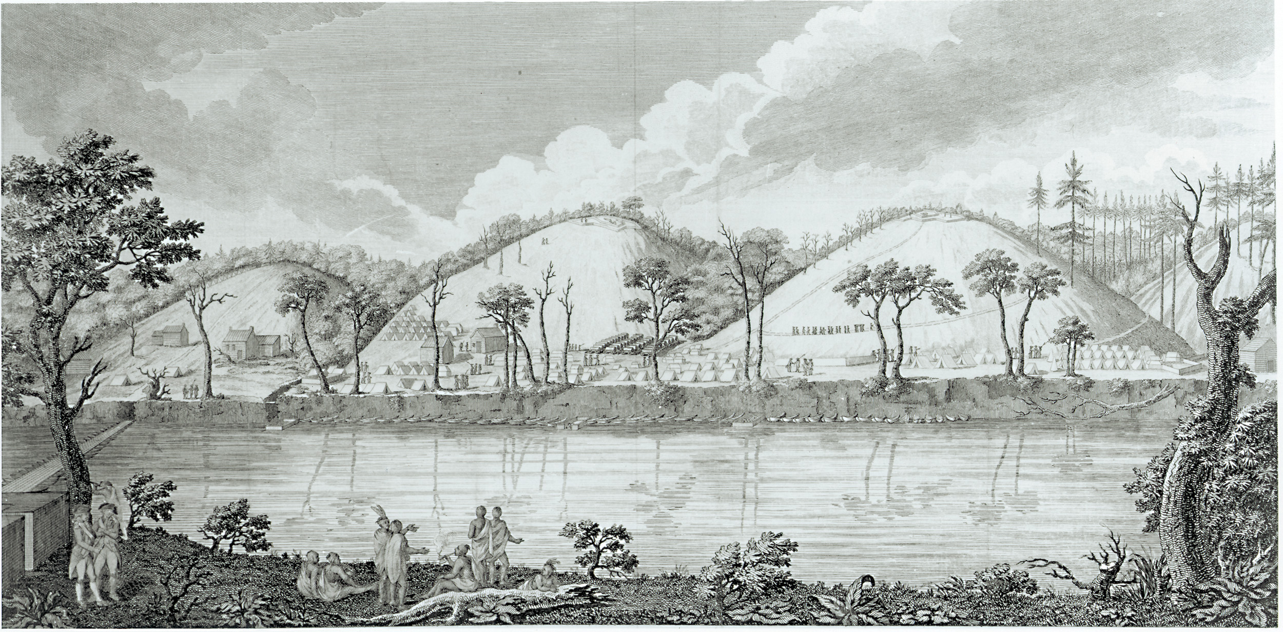 A view of the British camp after the two battles, Fraser’s funeral column near the base of the rightmost hill.  The hills are not so conical as this, but there are steep ravines. 