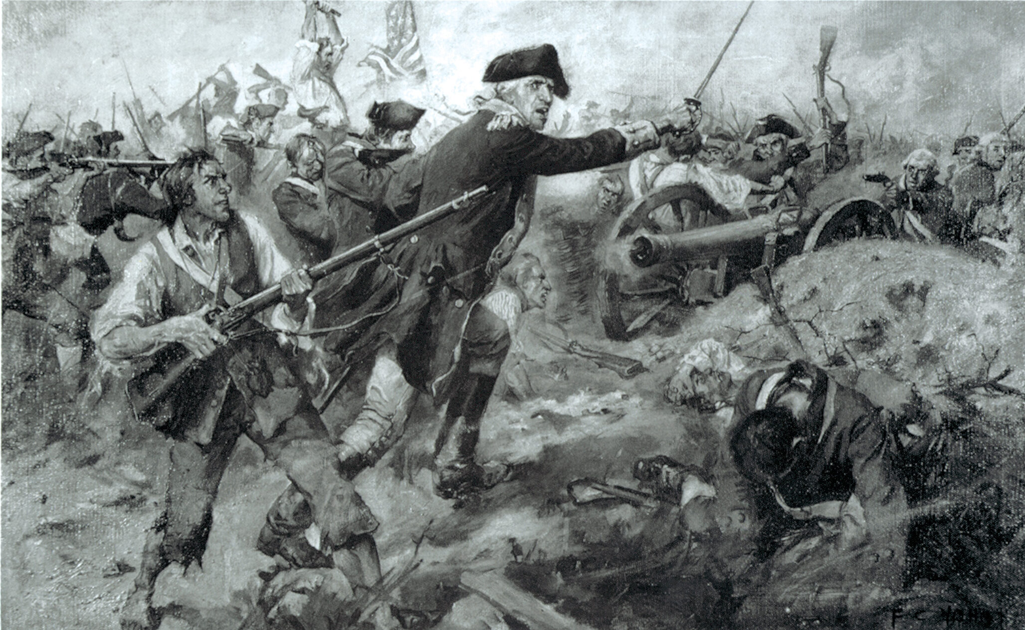 Brigadier General John Stark leads his troops in the fighting at Bennington. The staunch New Englanders crushed Burgoyne’s Germans. 