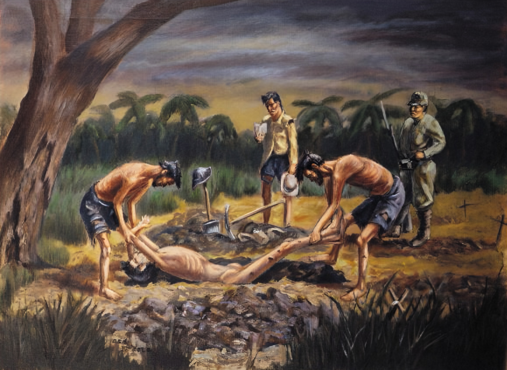 Under the frowning countenance of a Japanese guard, Americans bury one of their own.  Artist Ben Steele saw much of the worst of prisoner life in the Philippines and Japan during World War II.