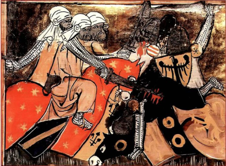 Moors fight against the Crusaders in this 14th=century rendition.