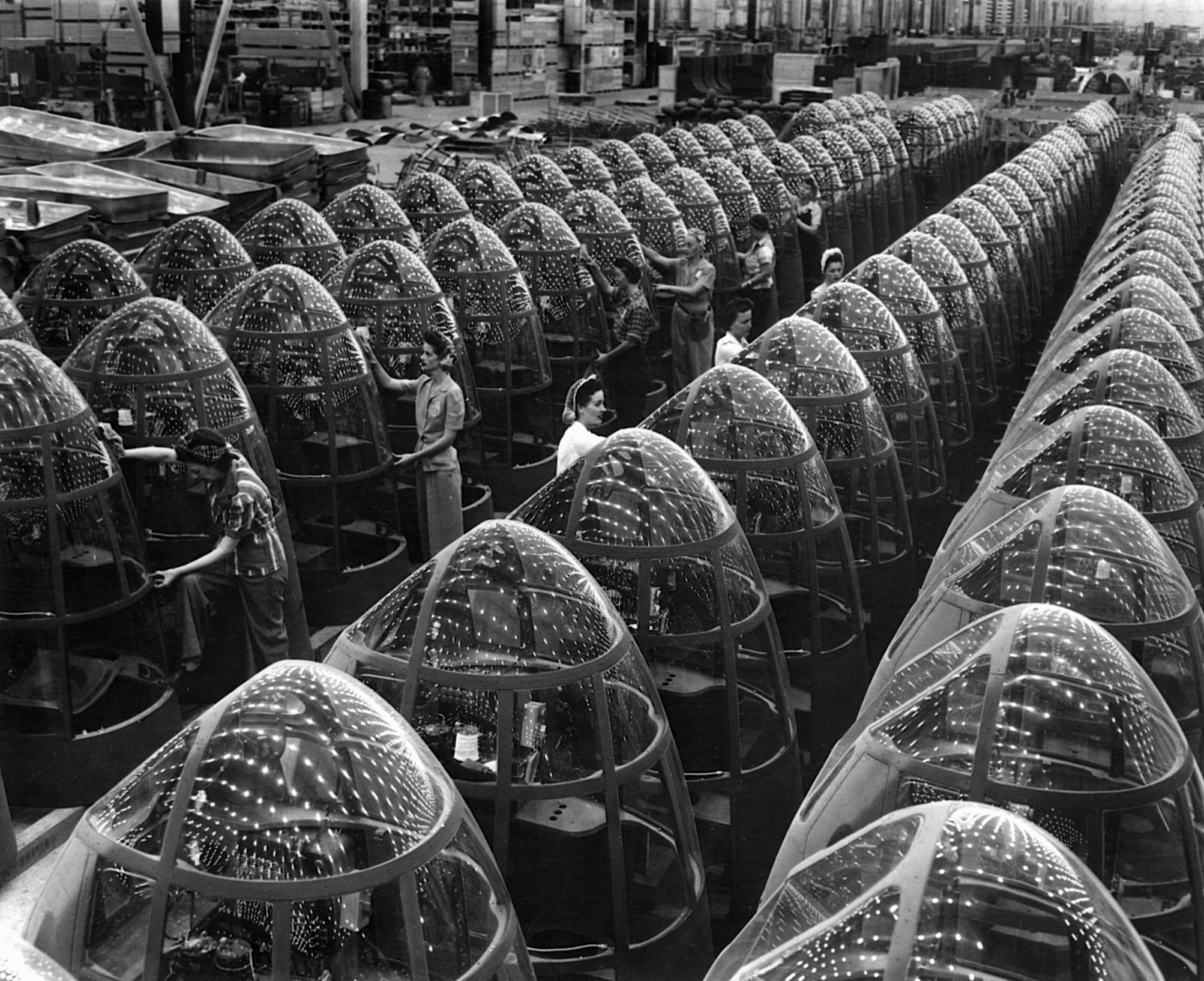 Female workers finish transparent noses built for A-20 attack bombers at Douglas Aircraft’s Long Beach, Calif. manufacturing facility. The Japanese high command severely underestimated the Allied industrial capabilities, with disastrous results.