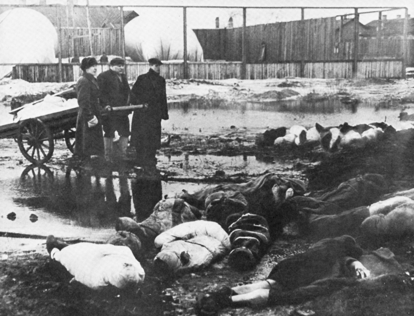 A pile of corpses awaits transport to a mass grave. Citizens were so weak from starvation, that many did not have the strength to move the dead. 