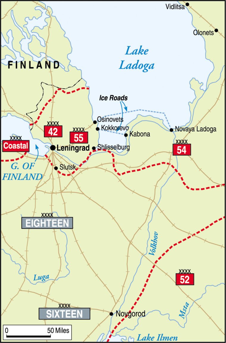 German forces  surround Leningrad cutting supply lines and attempting total strangulation of the city. 